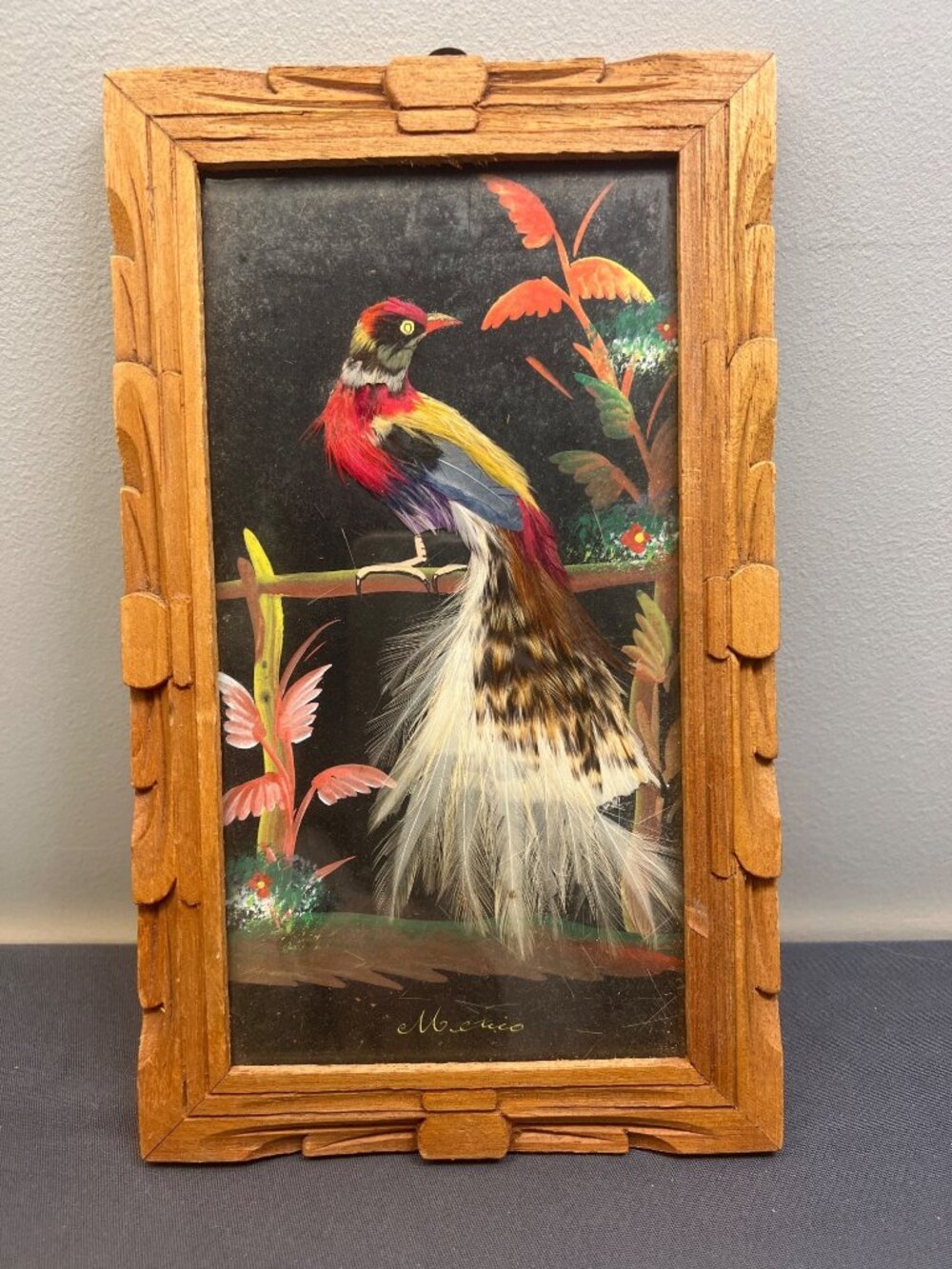Vintage Mexican Feathercraft Artwork Real Feathers Carved Wooden Frame